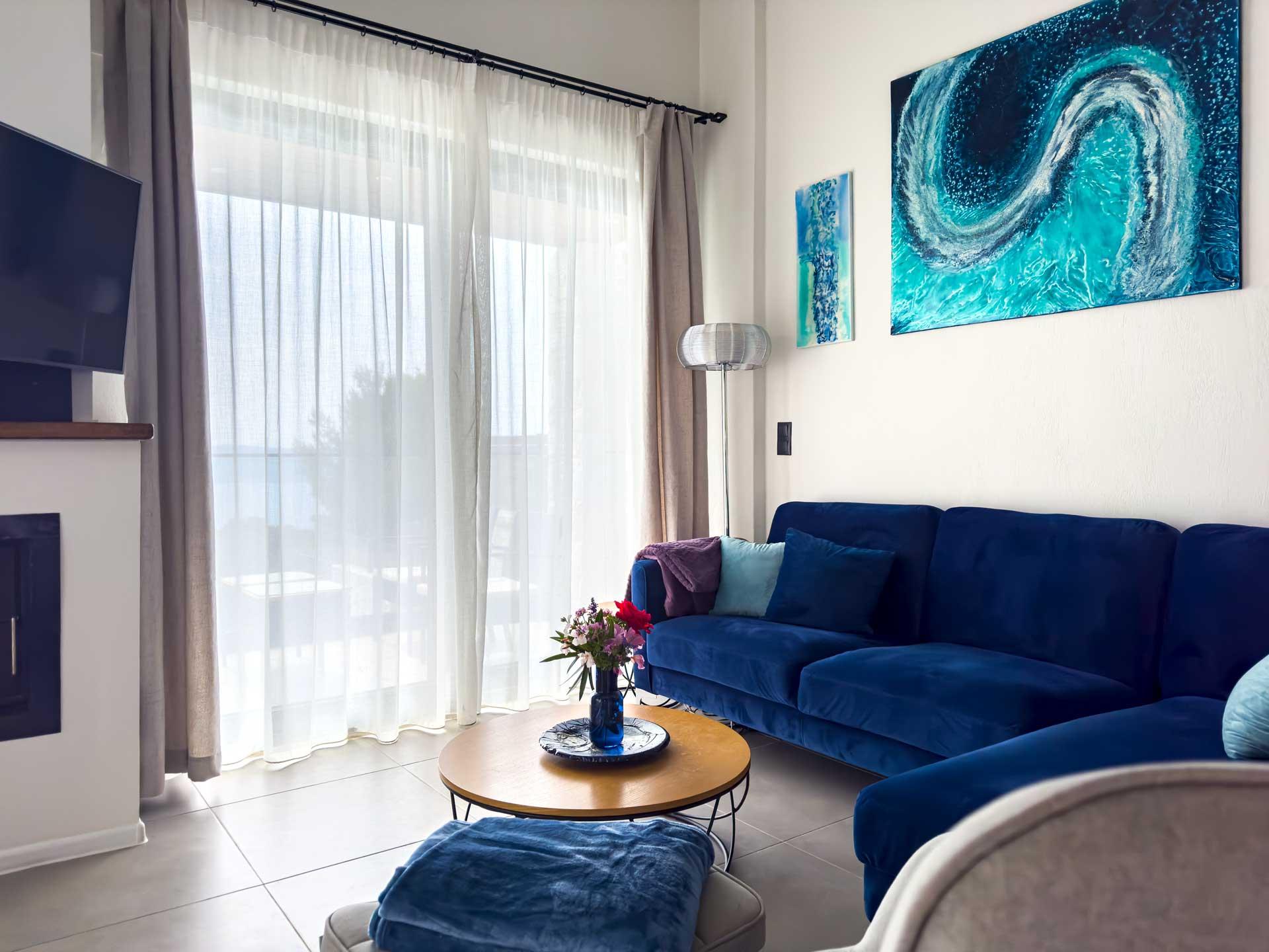 Bright villa interior with sea views in Skiathos Greece during September shoulder season